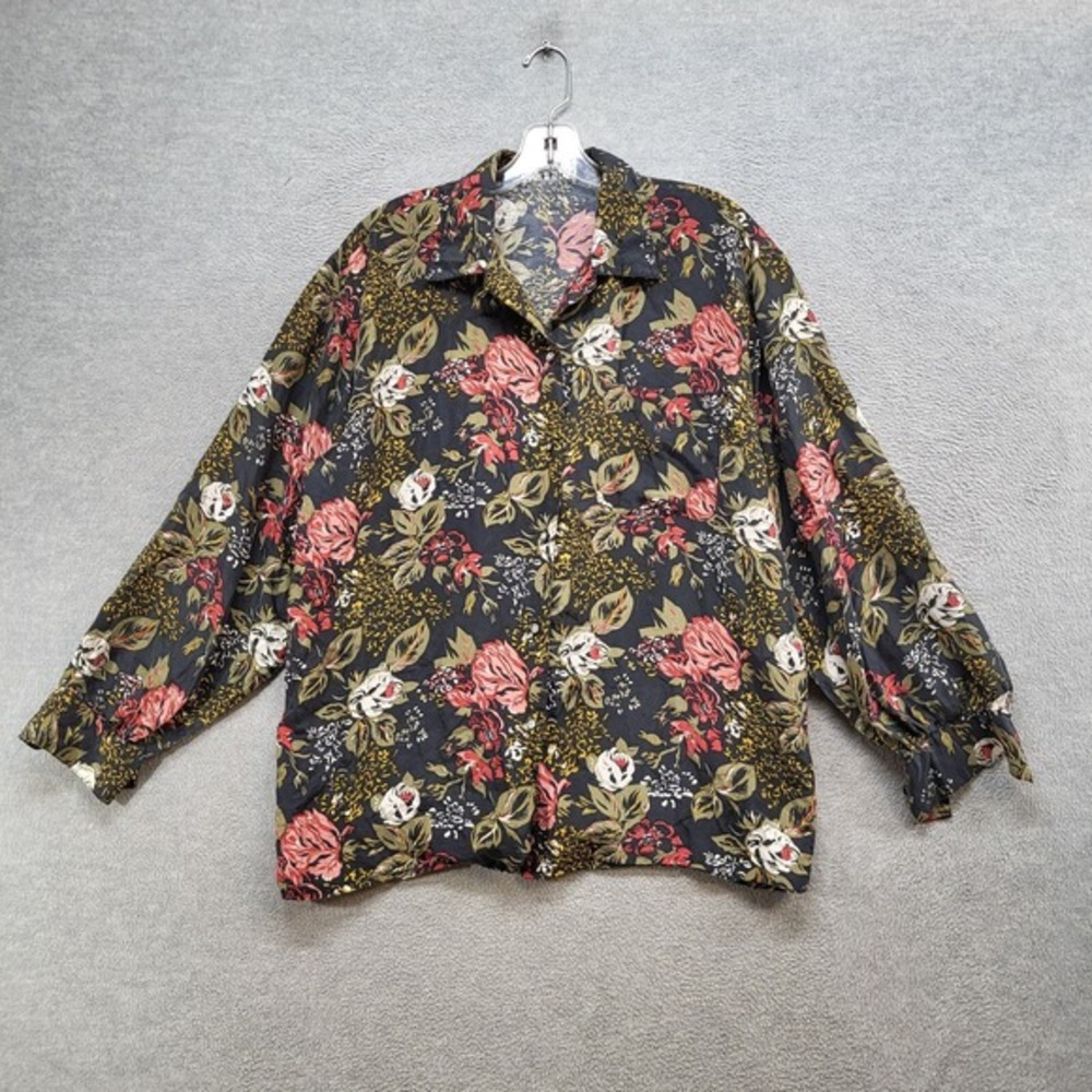 Perry Ellis America Womens Shirt M Black Floral Silk Button Up Long Sleeve